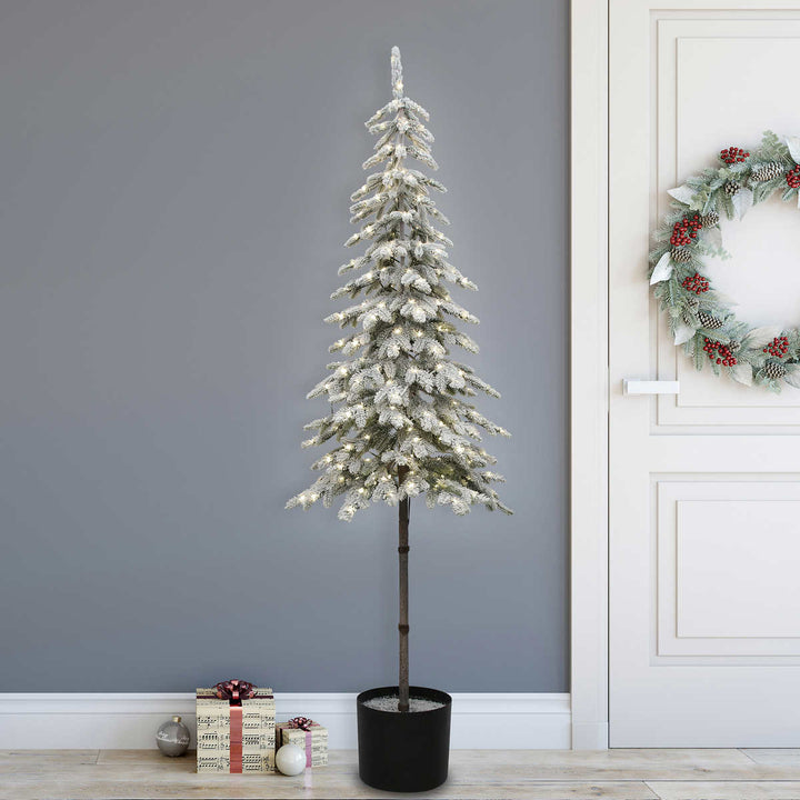 Arbre alpin floqué en pot de 1,8 m (6 pi) avec lumières