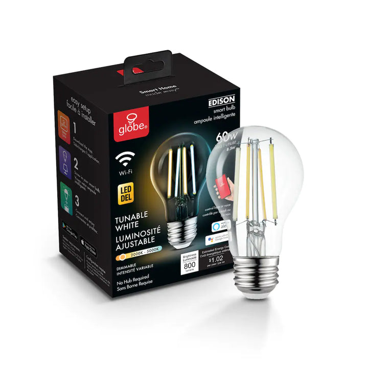 Globe Electric A19 Wi-Fi Smart Bulb with Dimmable LED Visible Filaments, White