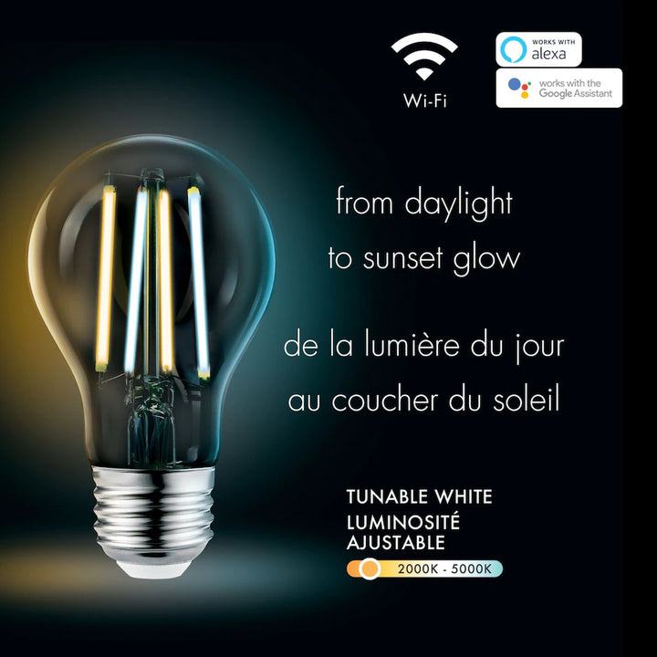 Globe Électrique - Ampoule intelligente Wi-Fi A19 avec filaments visibles à DEL à intensité variable, blanche