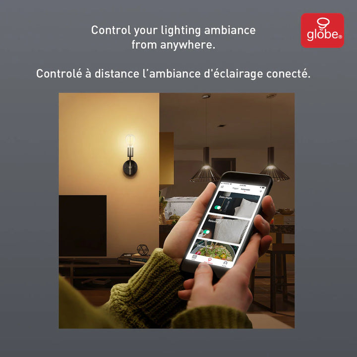 Globe Électrique - Ampoule intelligente Wi-Fi A19 avec filaments visibles à DEL à intensité variable, blanche