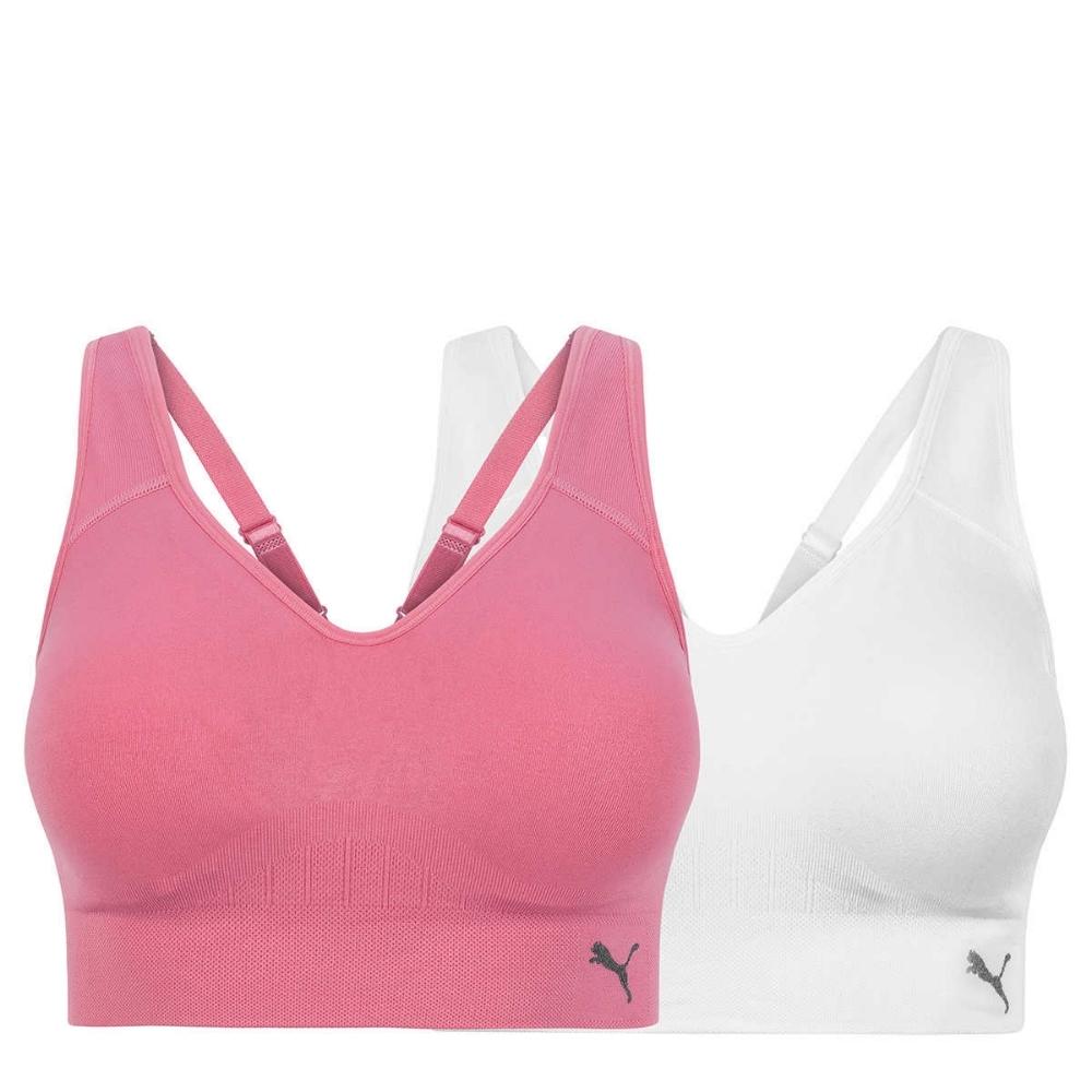 PUMA Women's Seamless Sports Bra Removable Cups - Adjustable Straps  Moisture Wicking (2 Pack) (White-Pink, M)